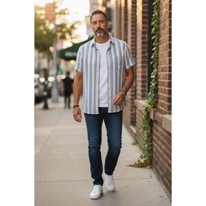 Hudson & Barrow Mens Striped Short Sleeve Button Up Casual Shirt Size Small